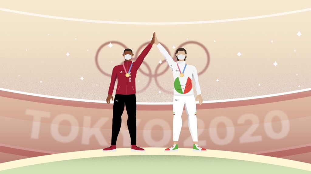 Tamberi-Barshim condivisione podio Tokyo 2020 illustrazione